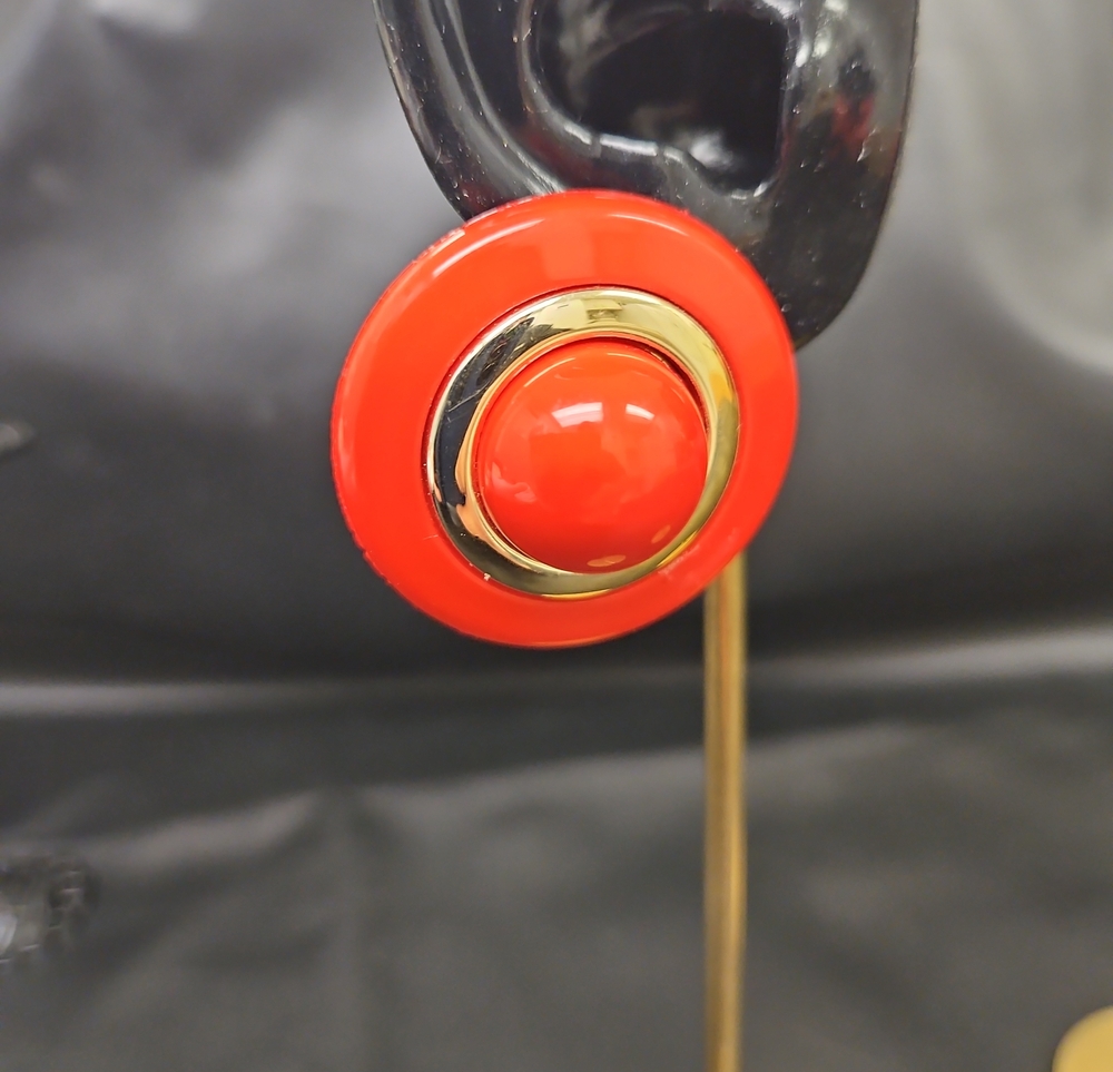 Bold Red and Gold Button-Style Clip Earrings
